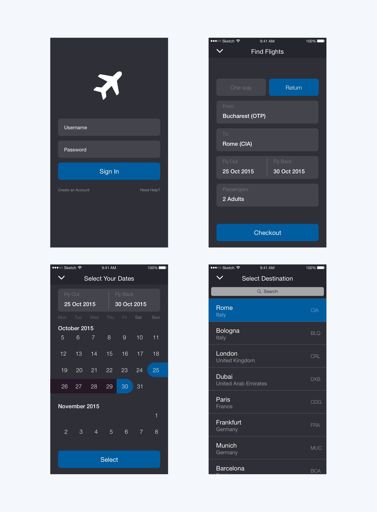 深色机票App界面设计UI设计 .sketch素材