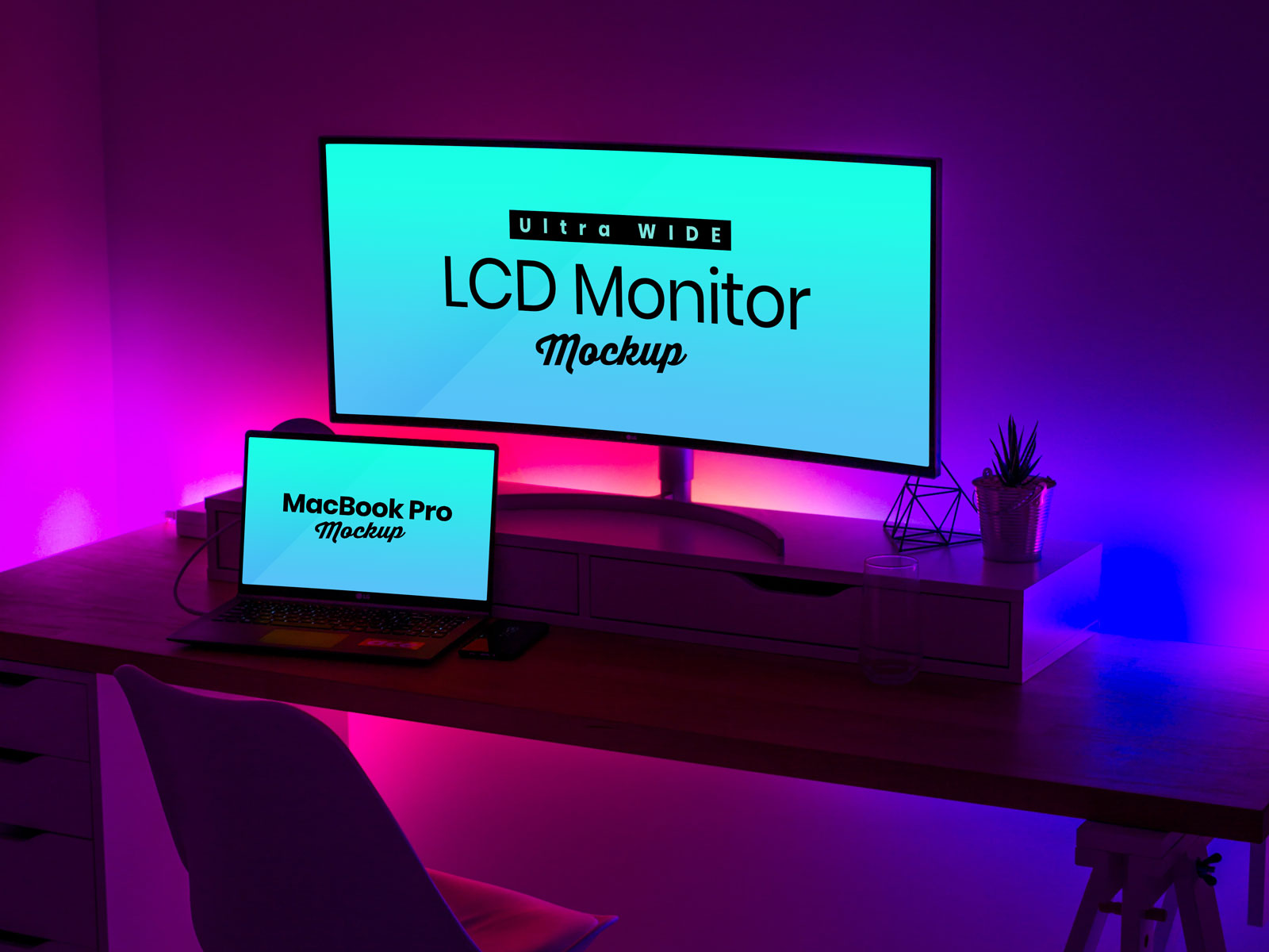 绚丽的LCD超宽屏幕和MacBook Pro .PSD样机模型Mockup