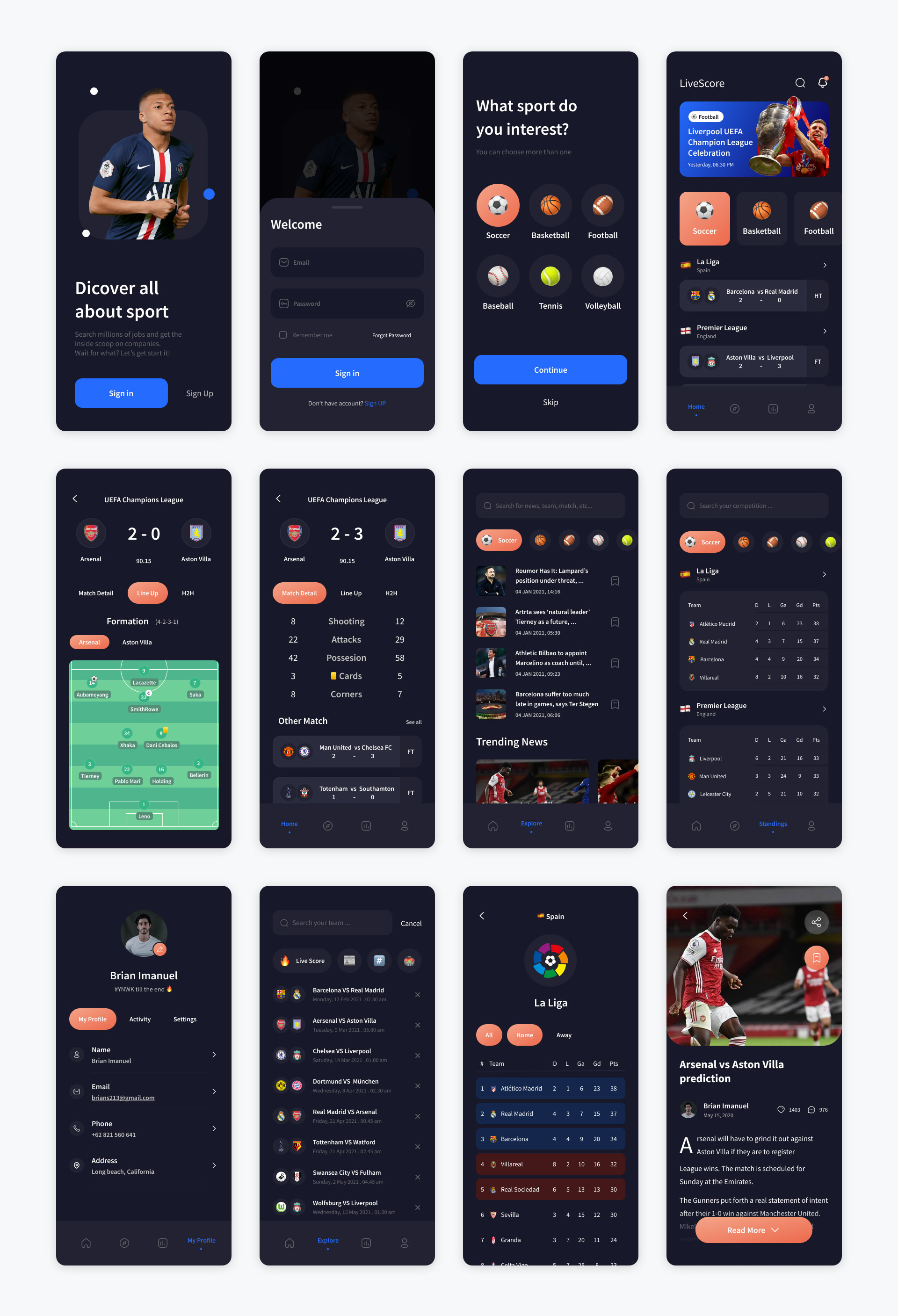 深色系体育赛事、足球比赛得分直播app ui界面设计 .fig素材