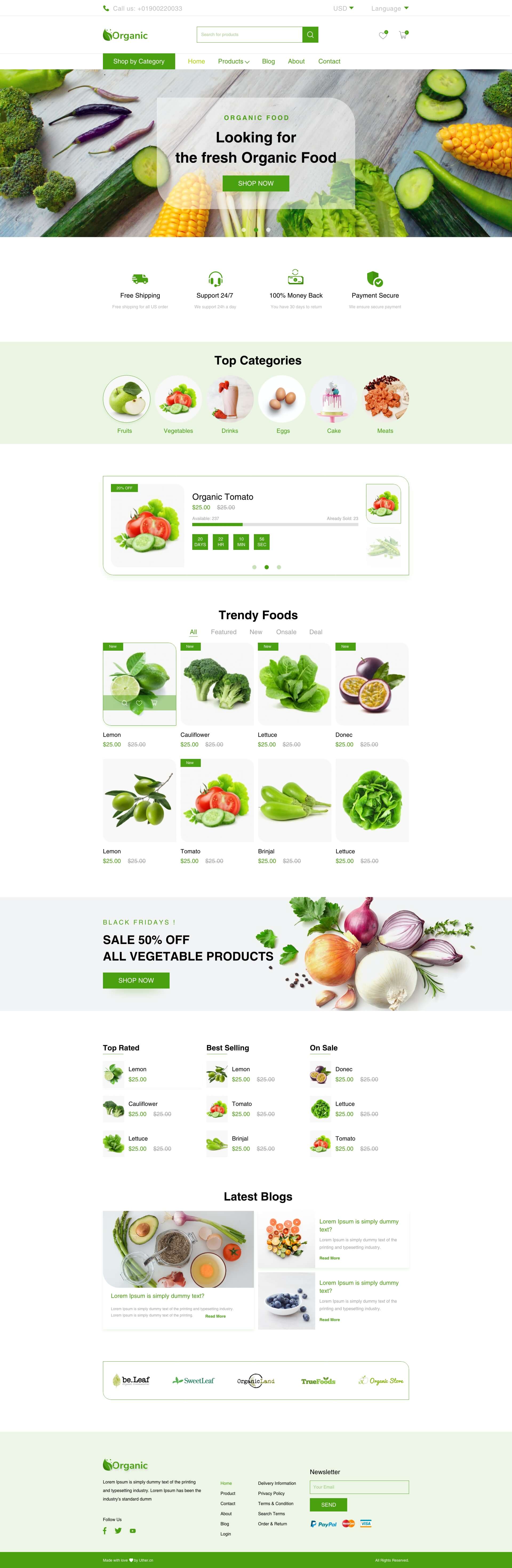 绿色系有机食品网站首页落地页WEB UI界面设计 .xd素材