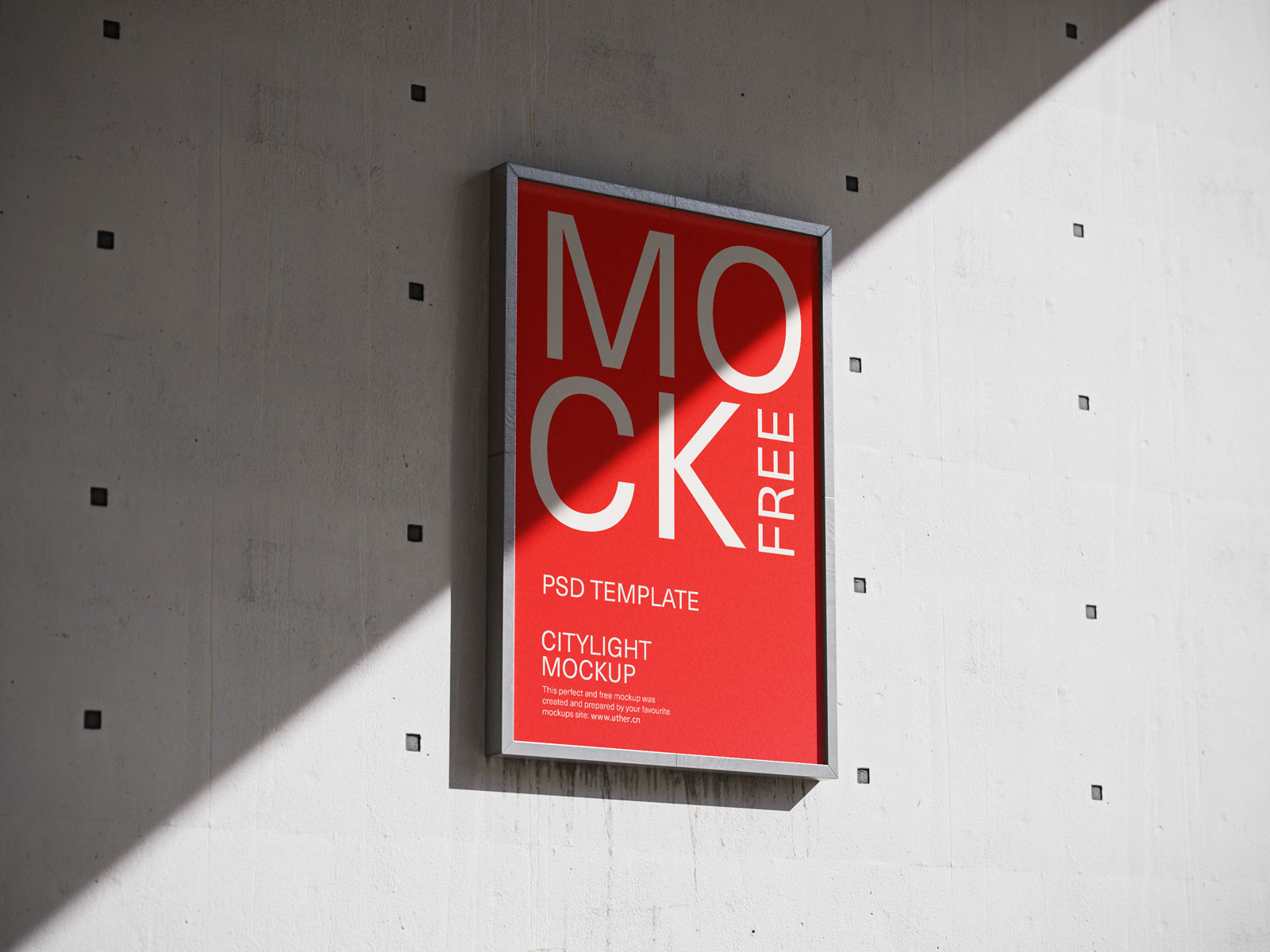 侧视水泥墙上的金属框海报样机模型Mockup .psd素材