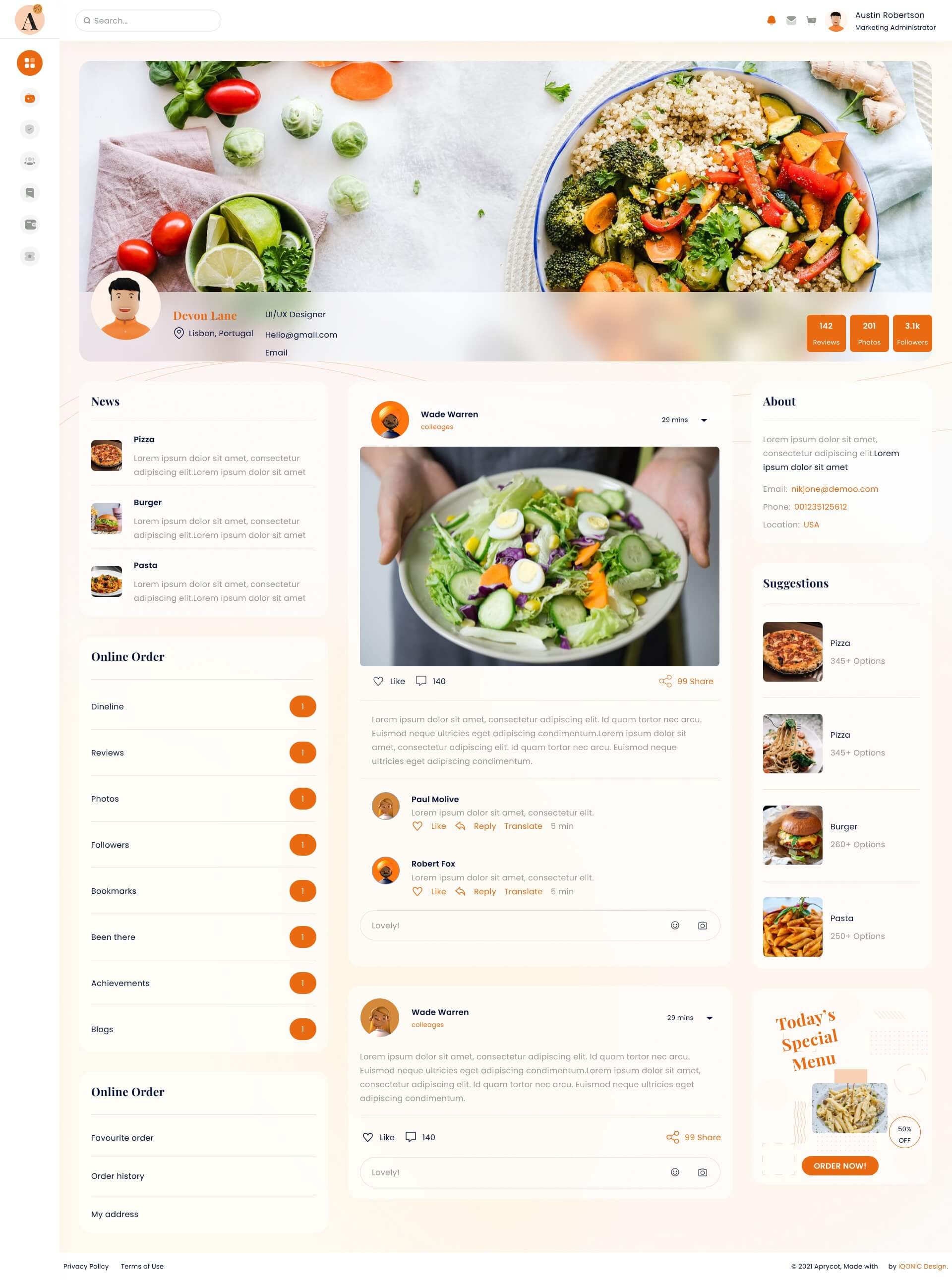 橙色系美食外卖餐厅订餐后台管理系统dashboard仪表盘UI界面设计 .fig素材