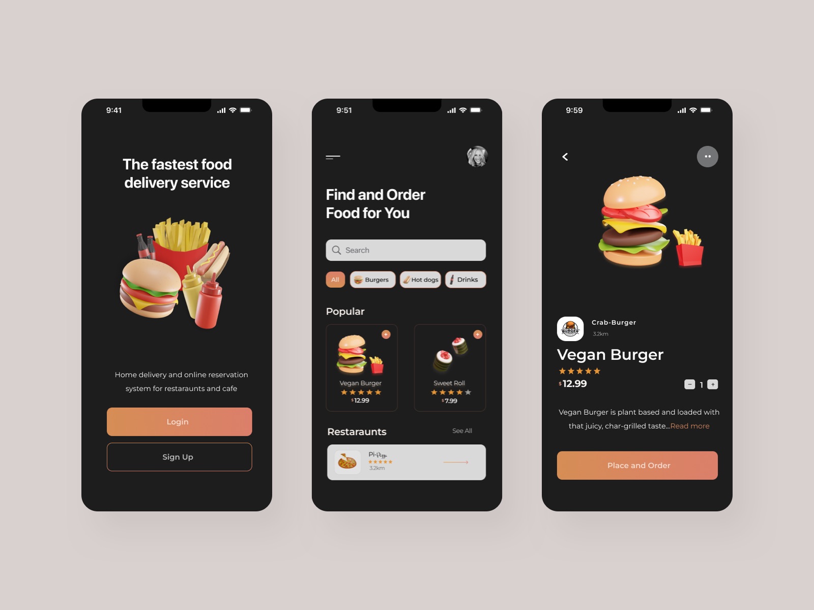 暗色系美食快餐汉堡点餐APP UI界面设计 .fig素材