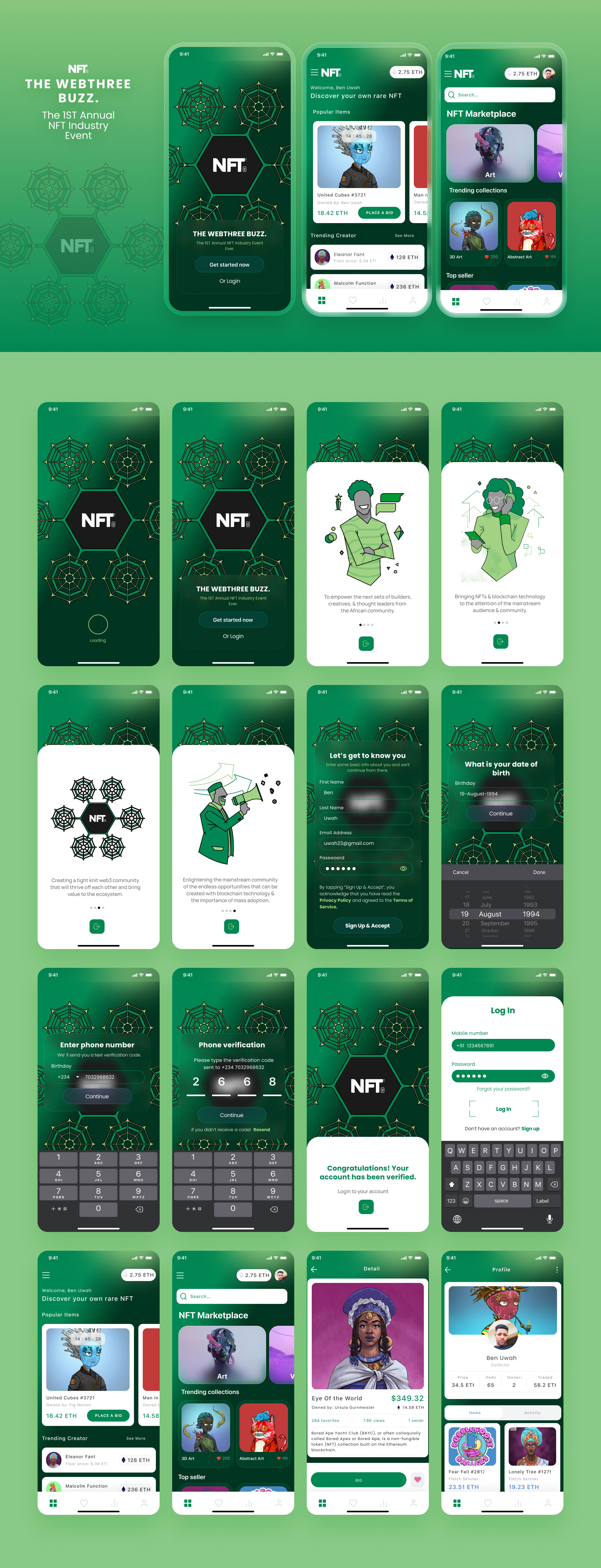 绿色系NFT数字藏品交易市场APP UI界面设计 .fig素材