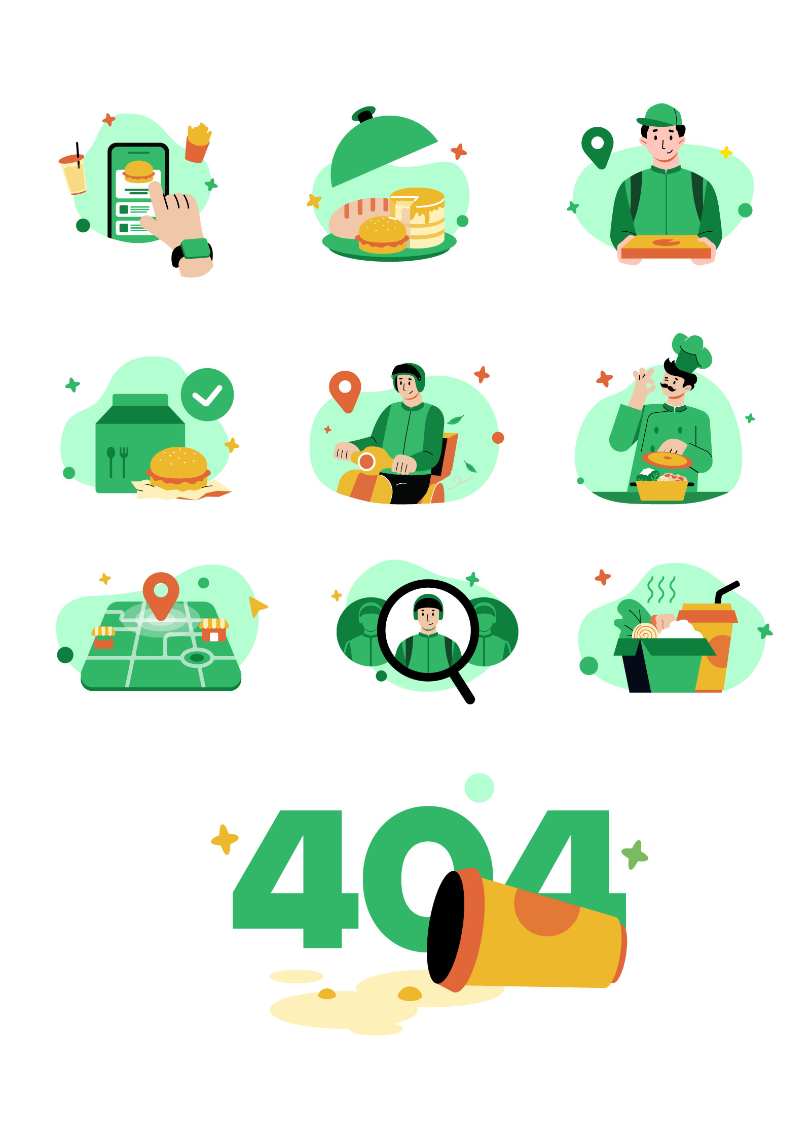 0款美食烹饪外卖送餐定位404矢量插画