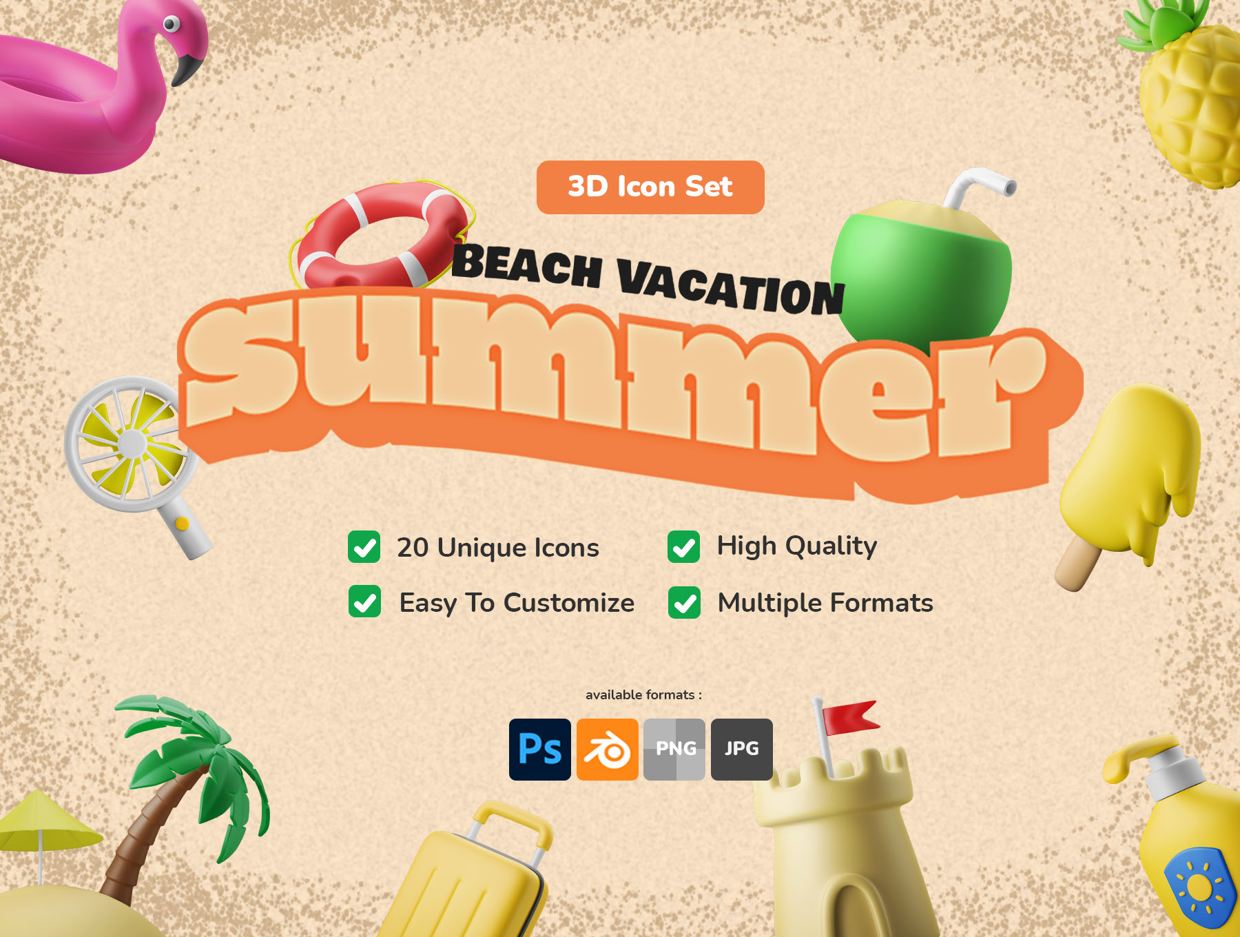 0个夏季海滩旅游度假3D图标icon