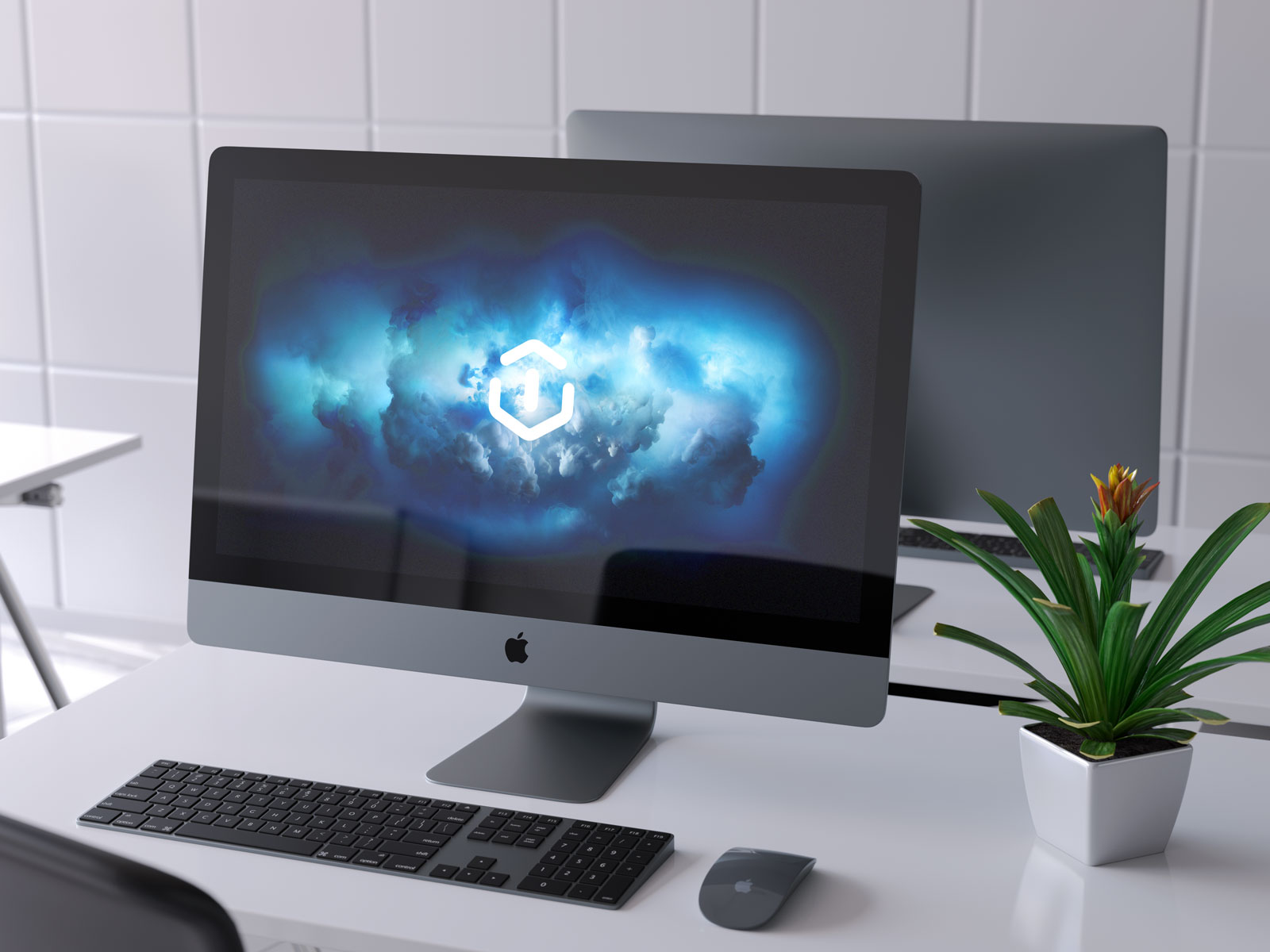时尚办公场景下的Apple iMac Pro一体机深空灰.PSD样机