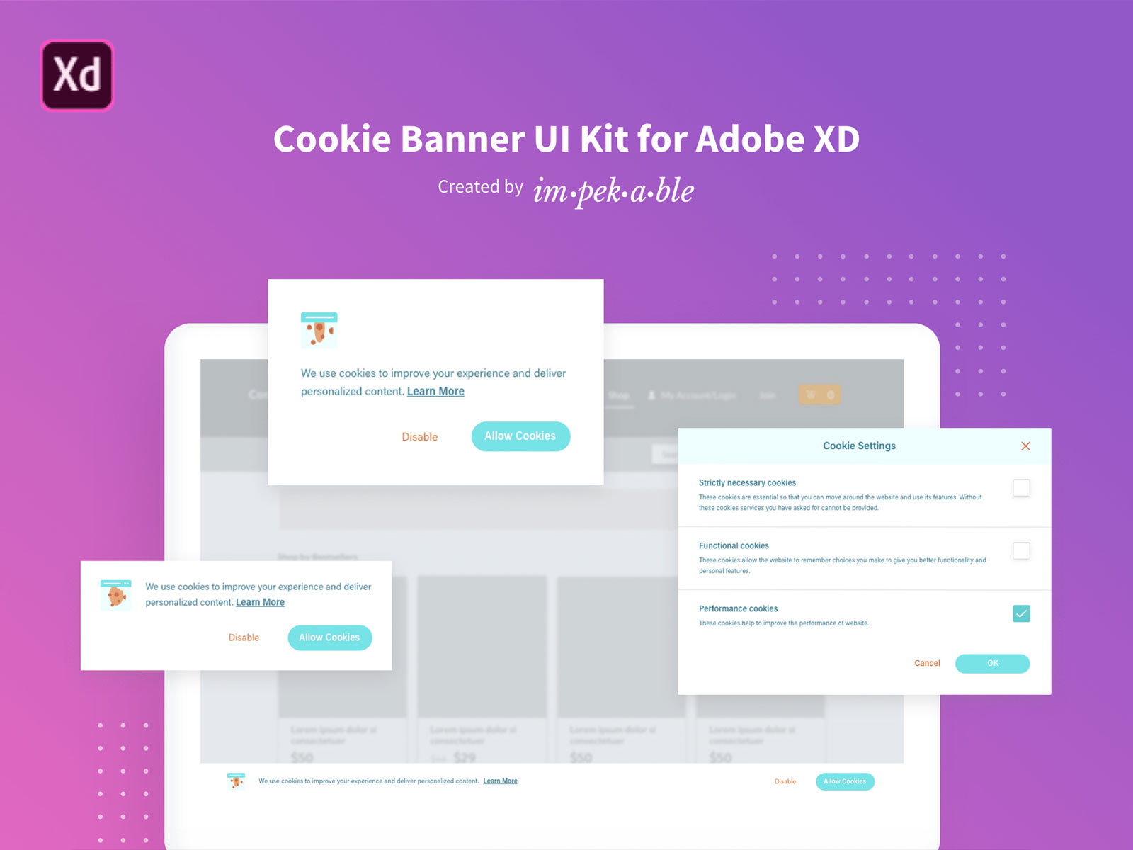 Cookie Banner网站APP UI工具包 .xd素材