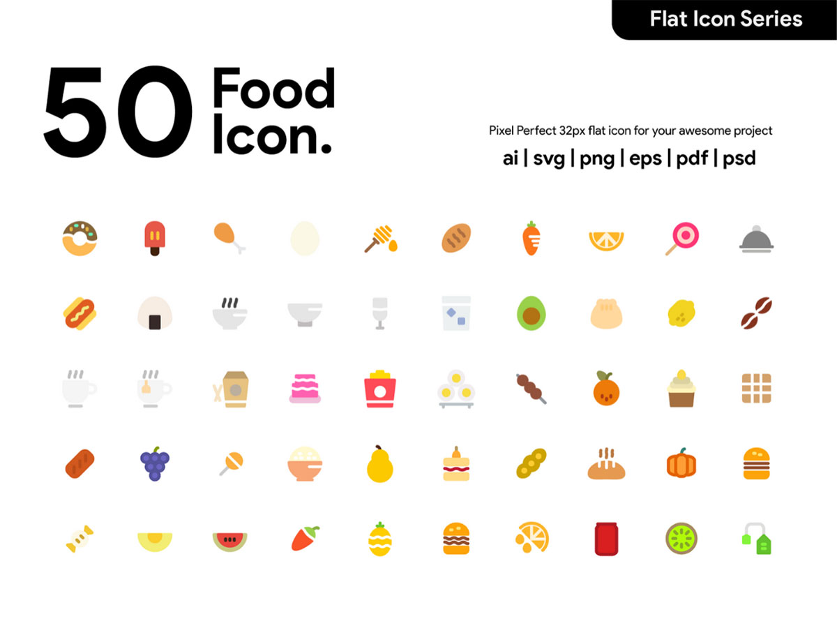 一套50个多色面性食物图标 .ai .svg .psd素材