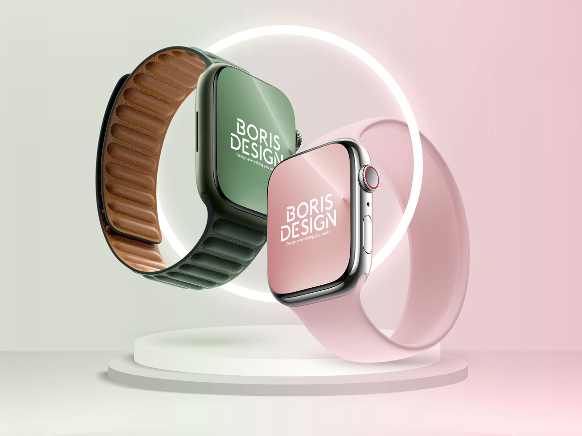 高质量多色悬浮Apple Watch Series 7 .psd样机模型mockup