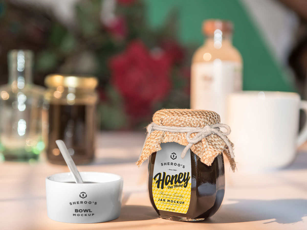 带麻布的蜂蜜玻璃罐白瓷杯 psd样机模型 honey jar mockups