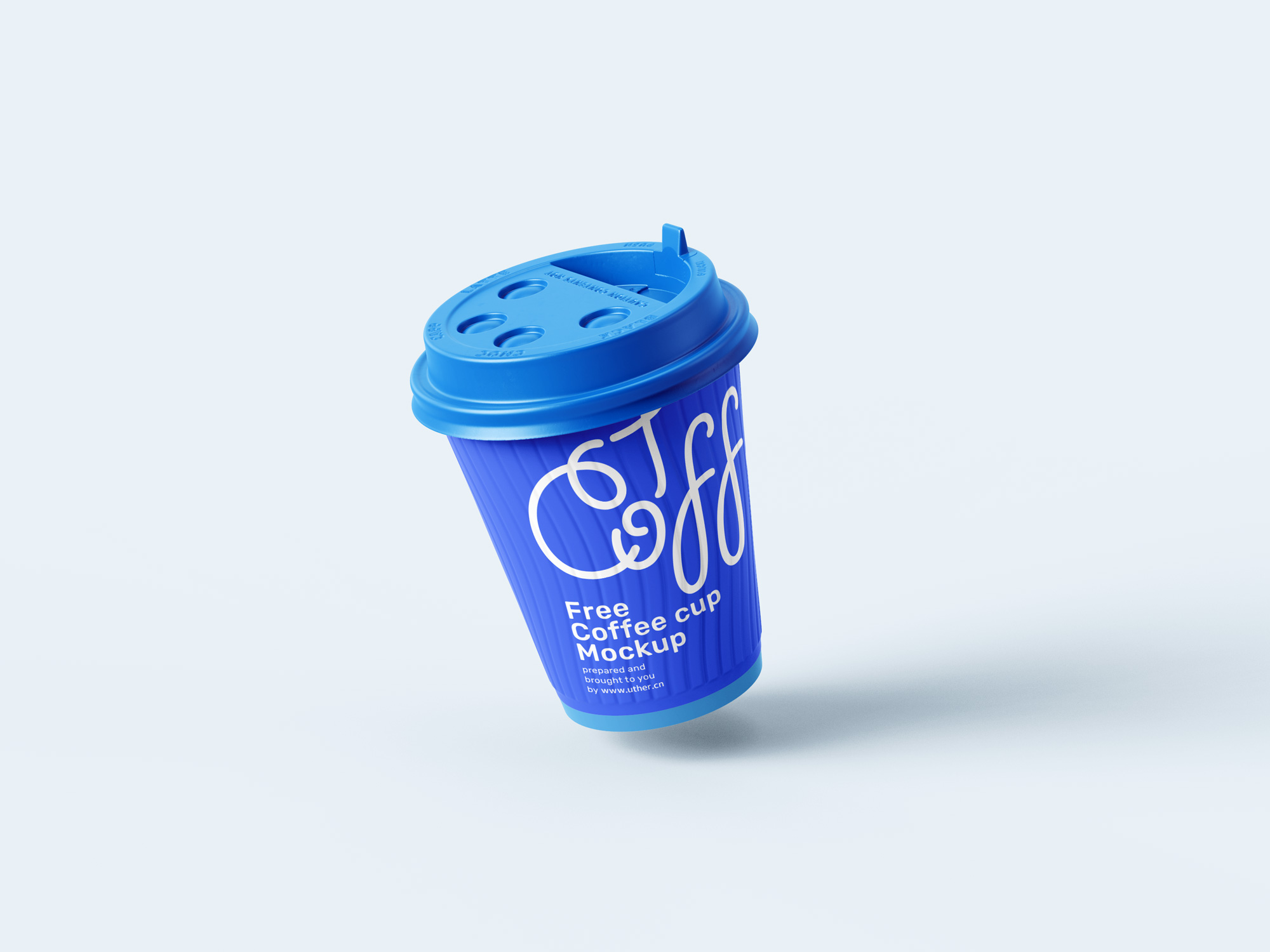 高质量蓝色纸质带盖子的悬浮咖啡杯psd样机模型Coffee Cup Mockup