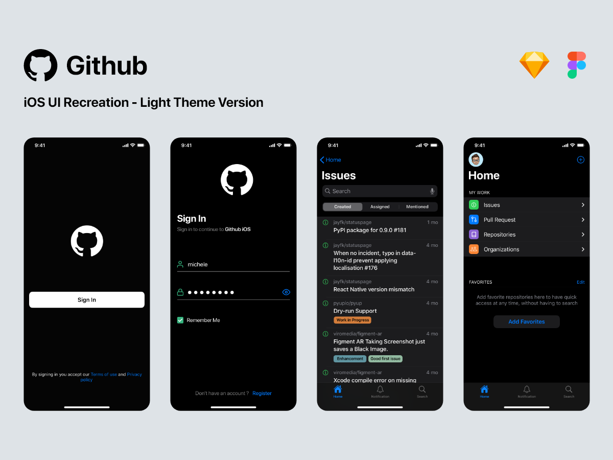 深色系Github iOS APP UI界面设计 .fig .sketch素材