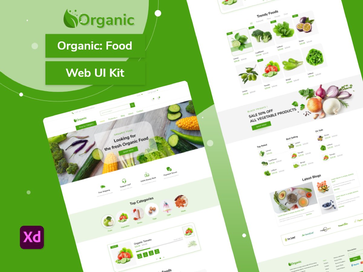 绿色系有机食品网站首页落地页WEB UI界面设计 .xd素材