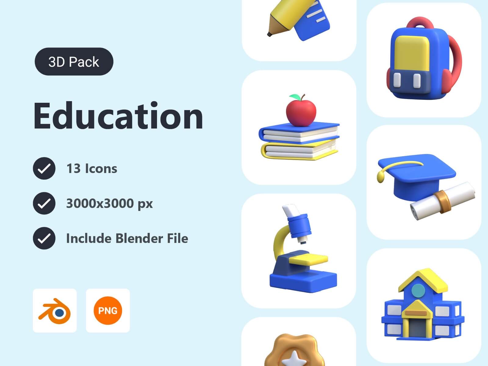 13个教育类3D立体多色 icon图标 .blend .png素材