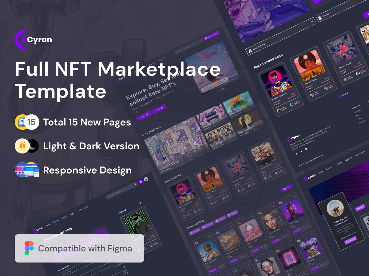 明暗两套响应式NFT数字藏品交易市场WEB UI界面设计 .fig素材