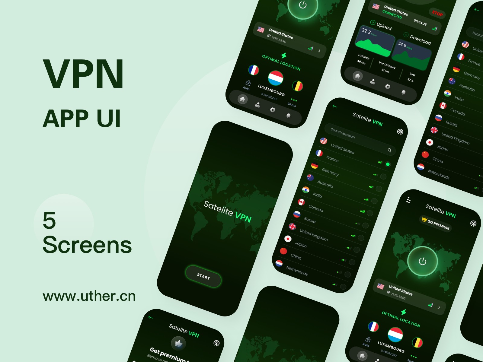 绿色系酷炫VPN APP UI界面设计 .fig素材