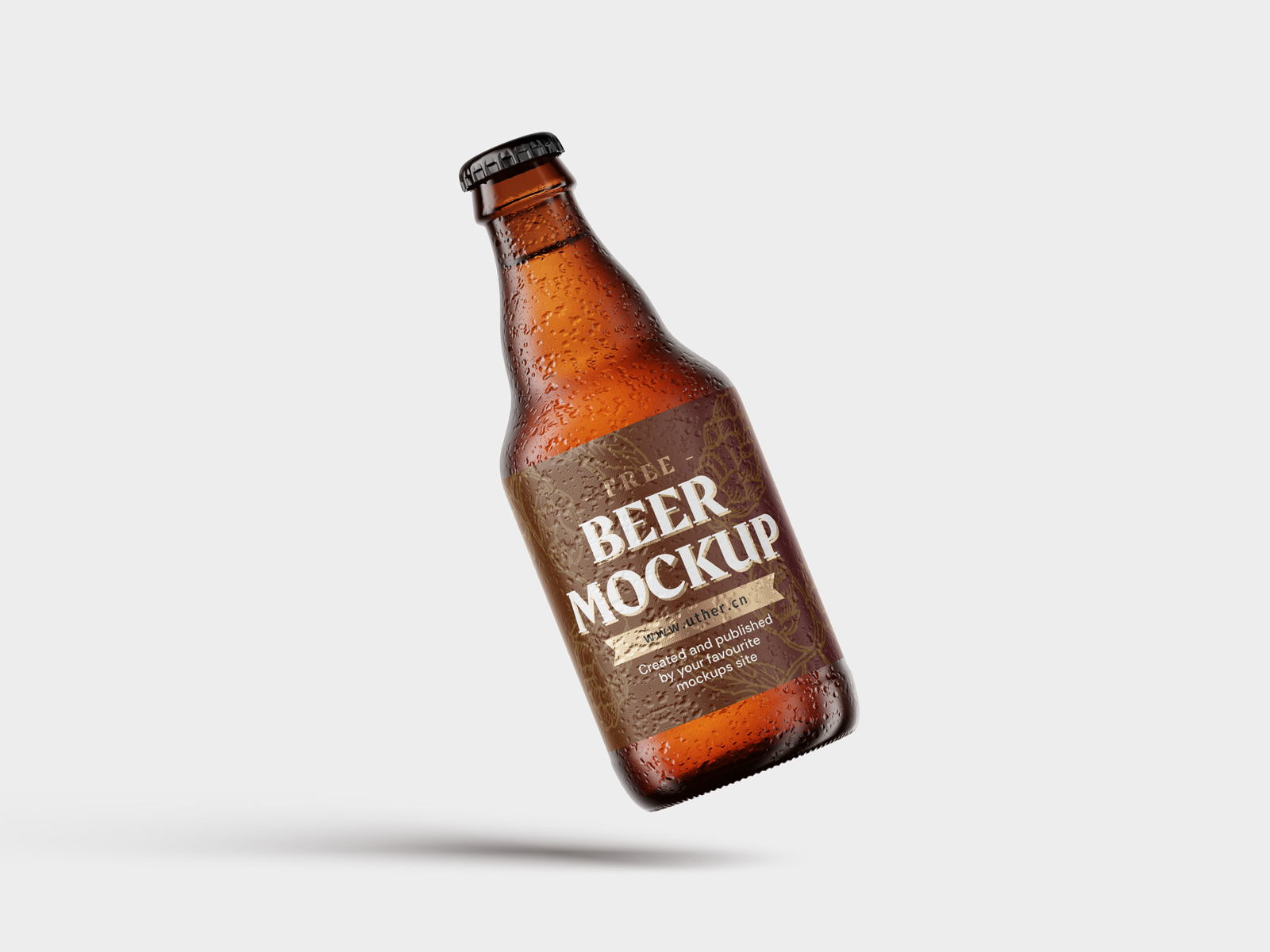 带水珠的悬浮棕色啤酒瓶样机模型Beer Mockup .psd素材