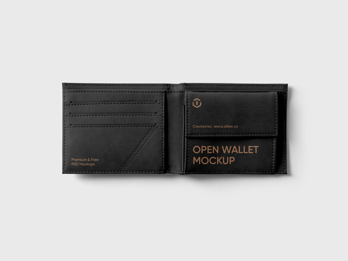 打开的黑色皮夹钱包样机模型Open Wallet Mockup .psd素材