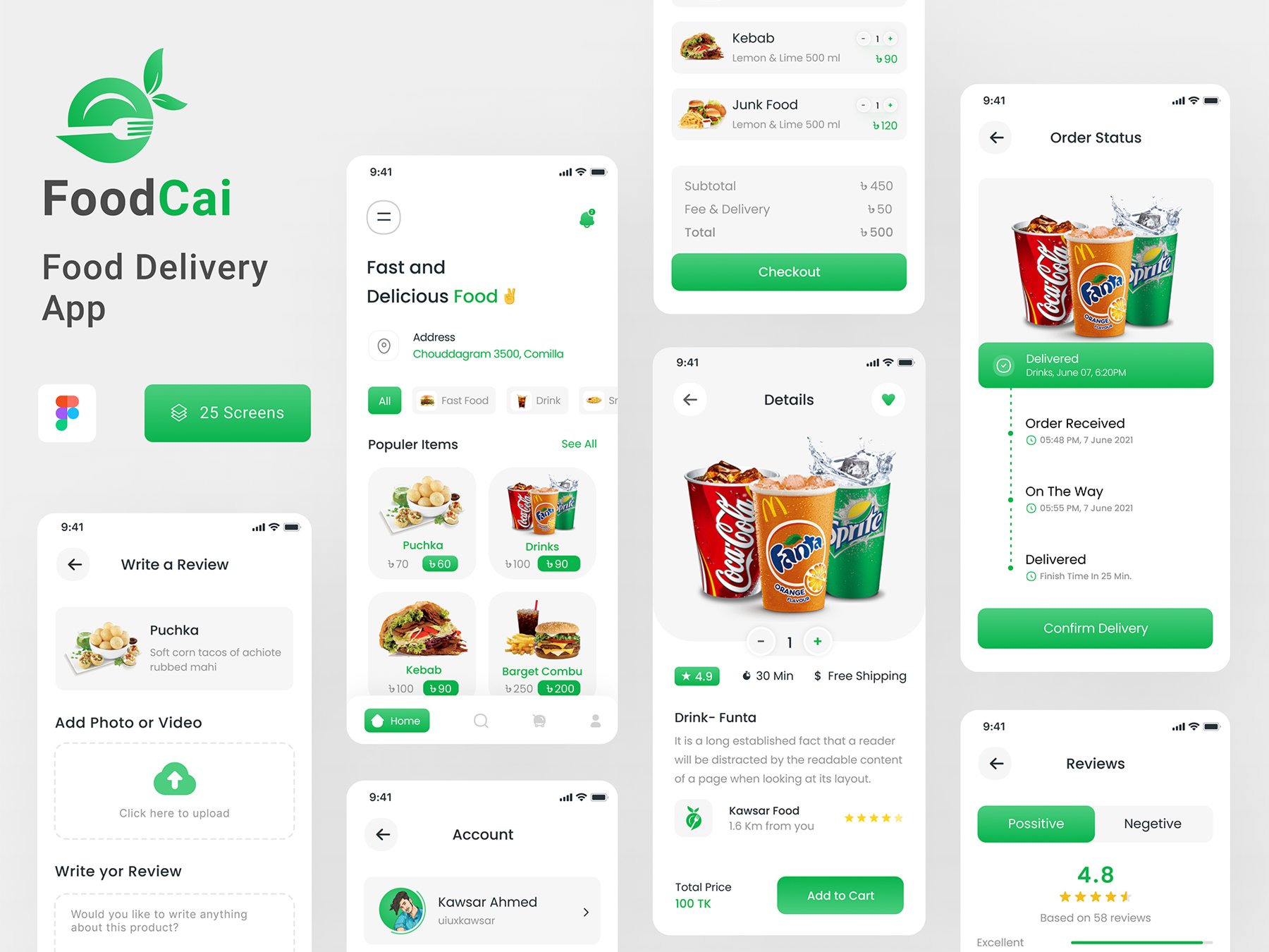 绿色系美食外卖点餐配送APP UI界面设计 Food Delivery Mobile App .fig素材