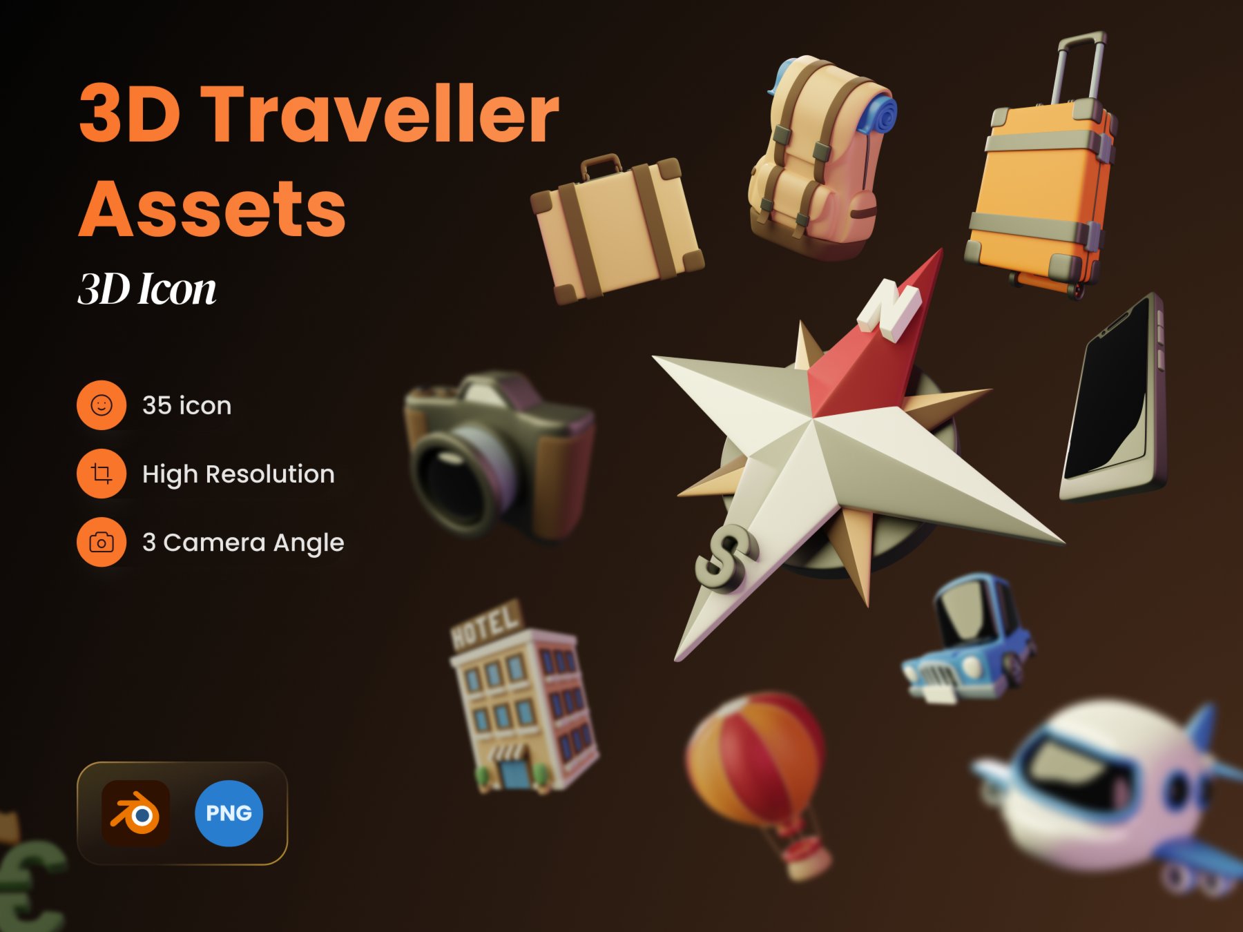 35款旅行3D模型图标素材 3D Traveller Assets .blender .fig素材