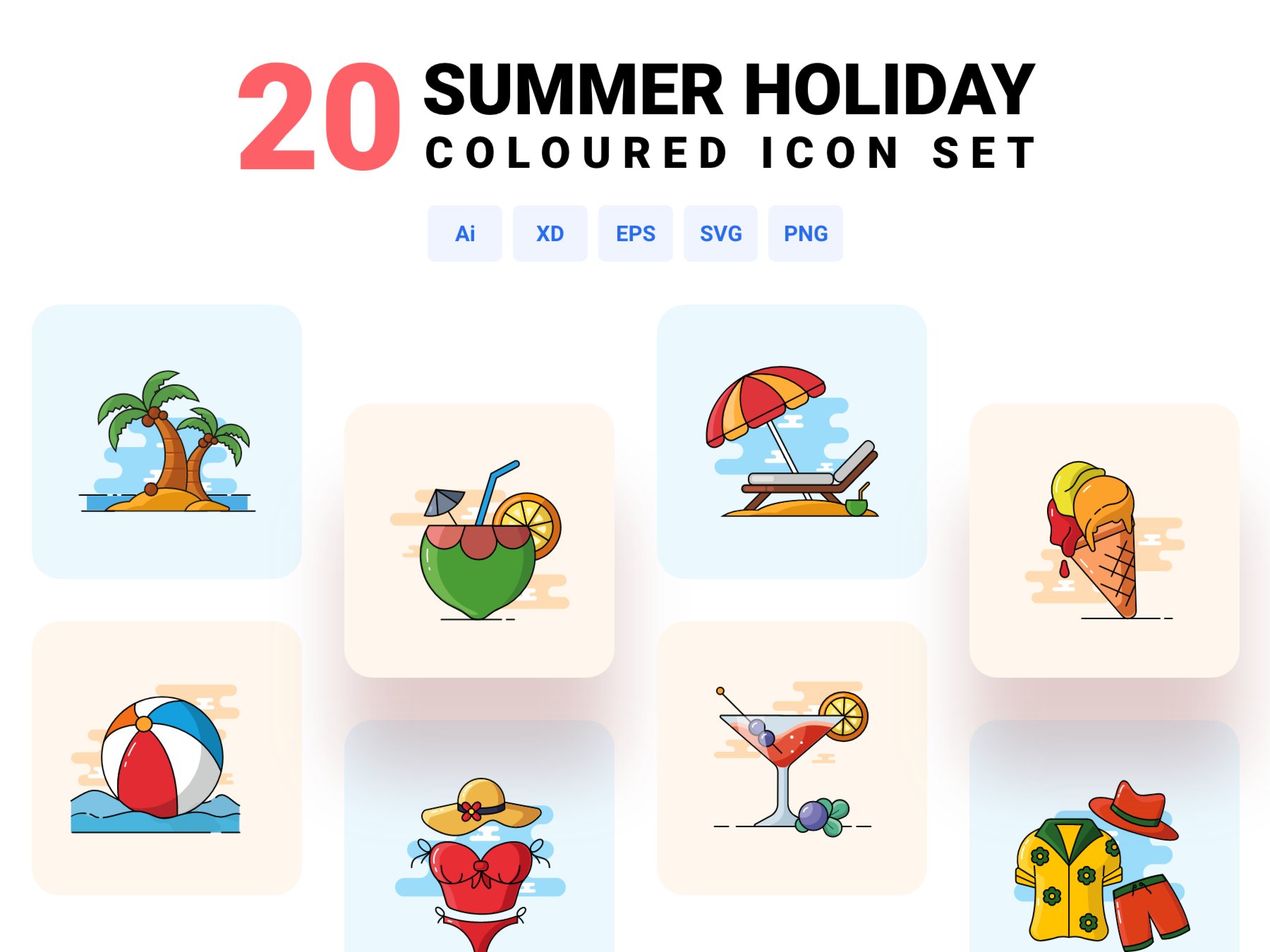 20款夏季假日旅游度假出行多色面性图标icon .ai .eps .svg .xd素材