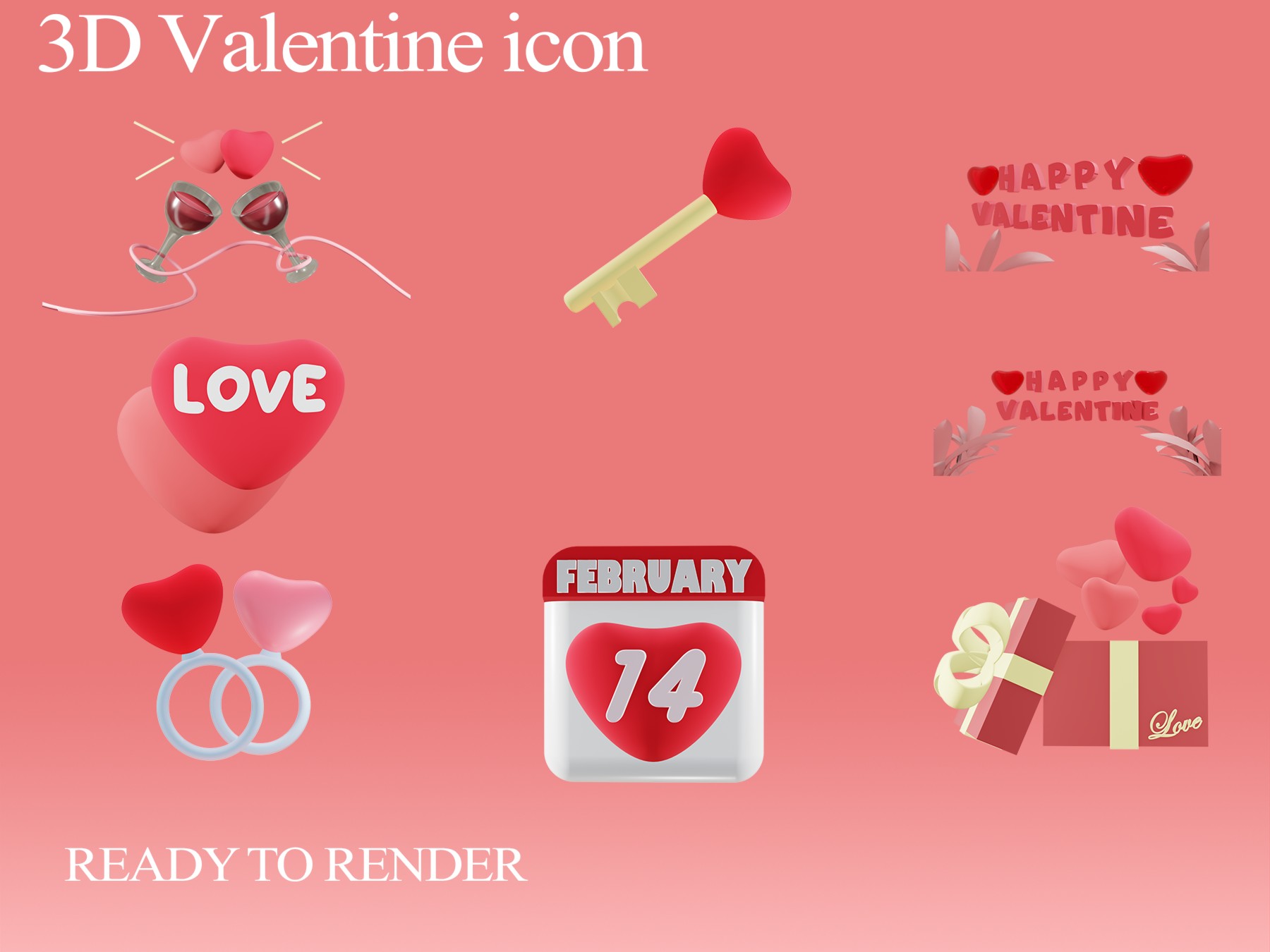 9个情人节3D场景图标icon .blend .png素材