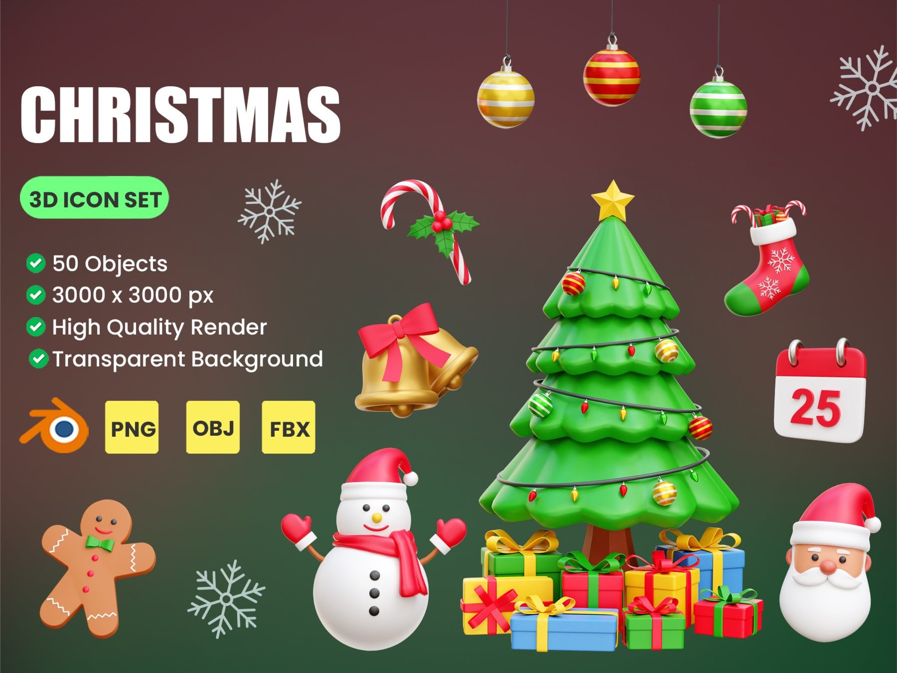 50个圣诞节3D icon图标 .png .blend .obj .fbx素材