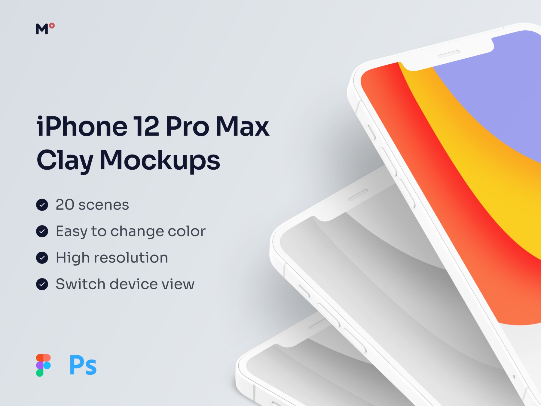 20款不同角度iPhone 12 Pro Max粘土样机模型Mockup .fig .psd素材