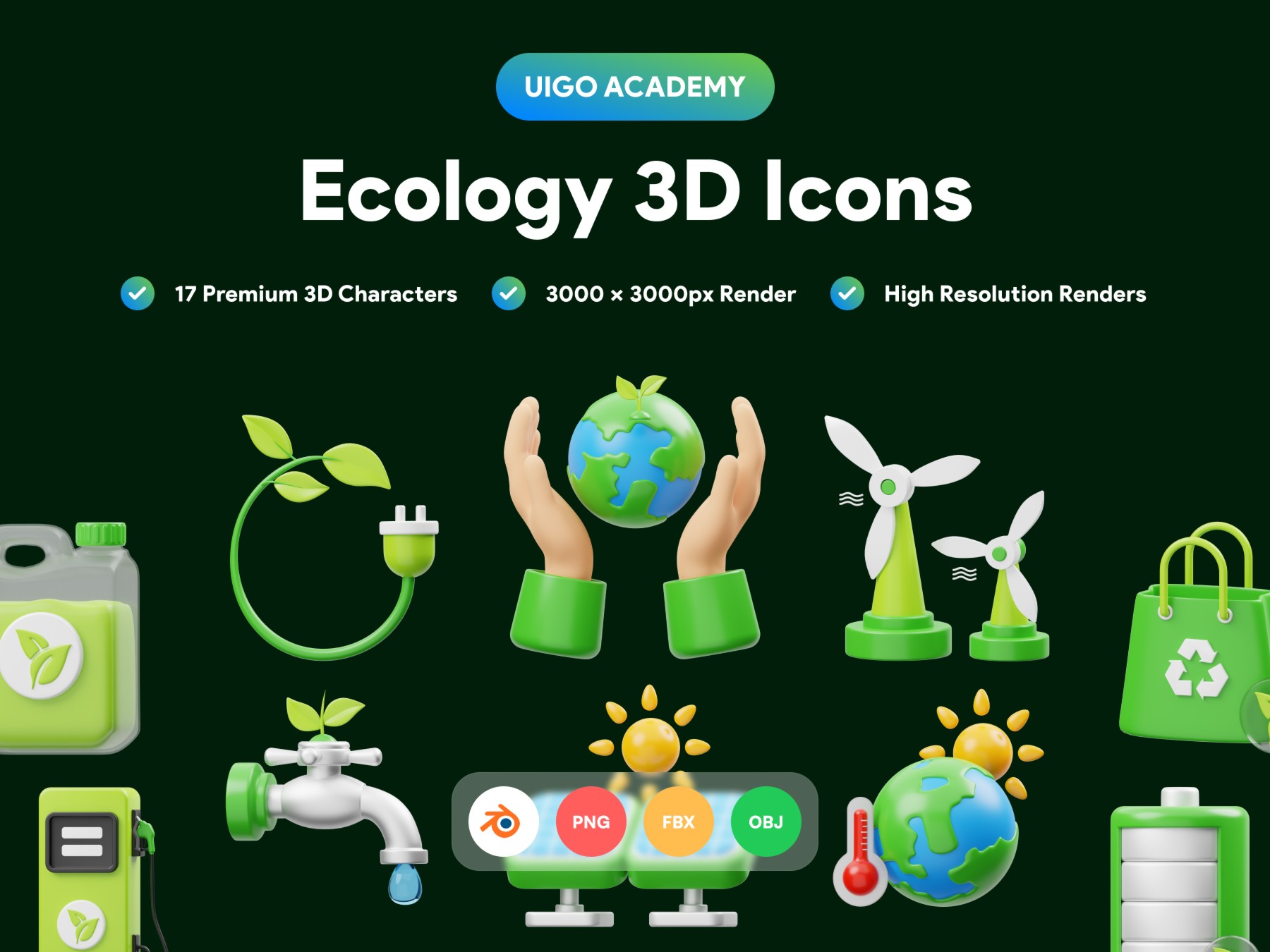 17个绿色生态绿色能源节能生态3D图标icon .blend .fbx .obj .png素材
