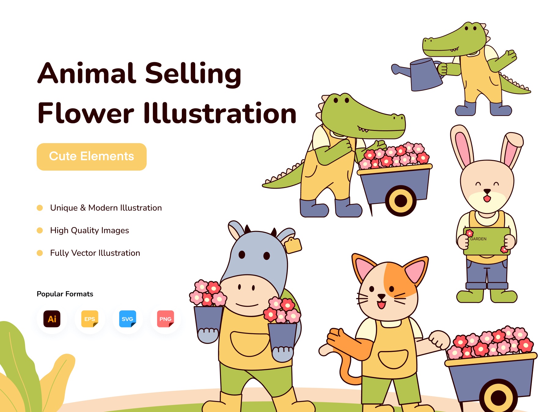 12款有趣的动物卖花矢量插画 .ai .eps .svg .png素材