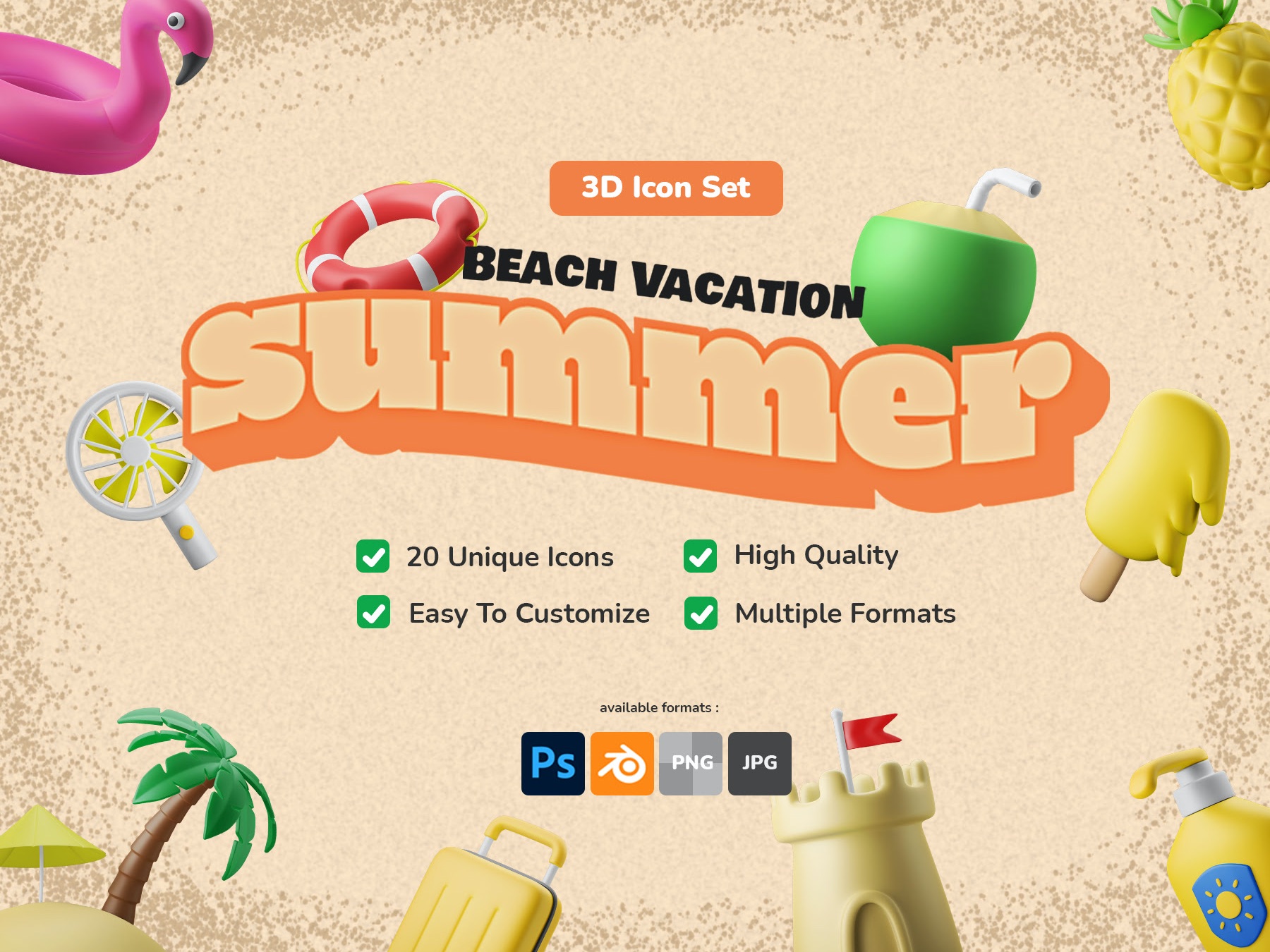 20个夏季海滩旅游度假3D图标icon .blend .psd .png素材