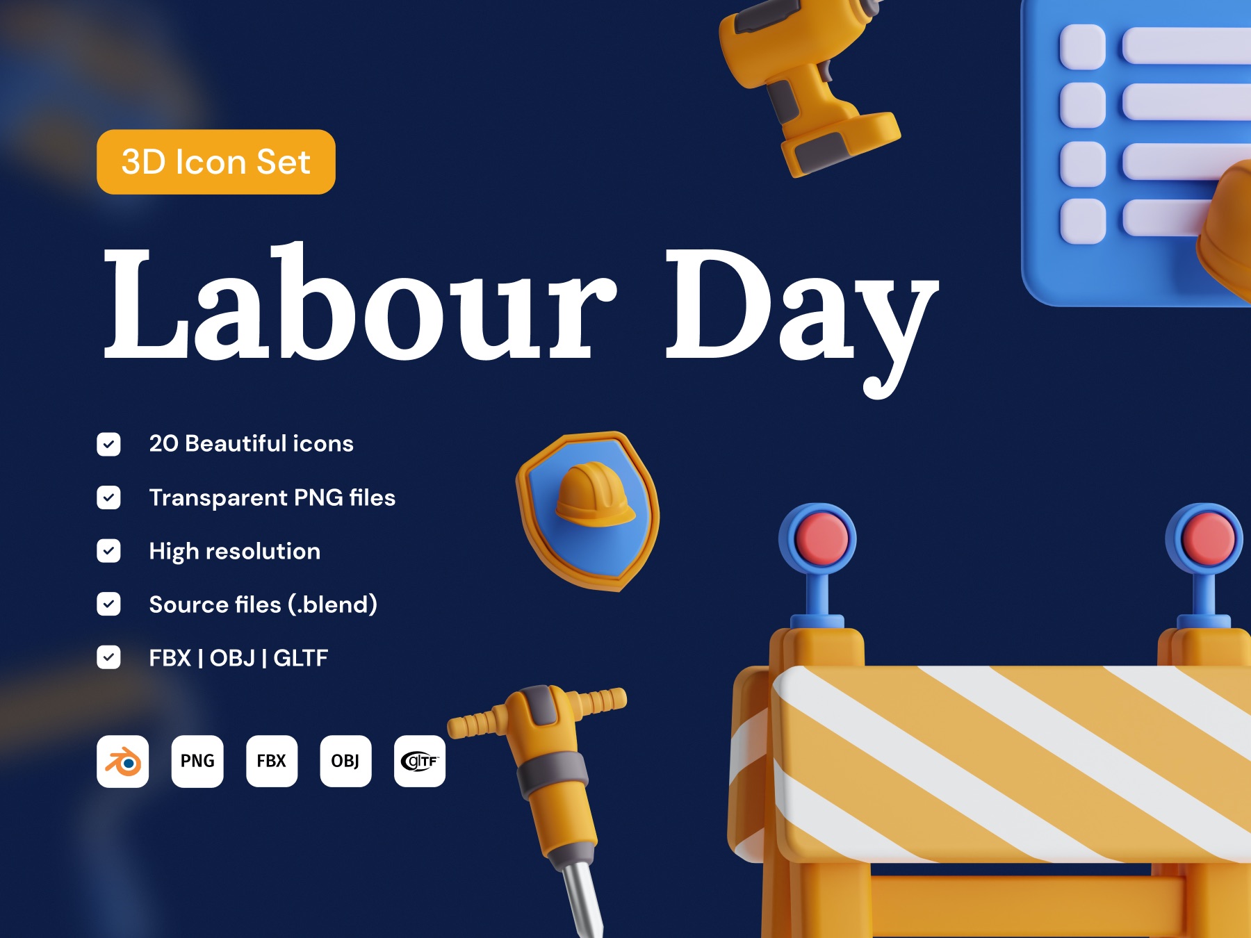 20个国际劳动节3D图标icon .blend .fbx .glb .obj .png素材