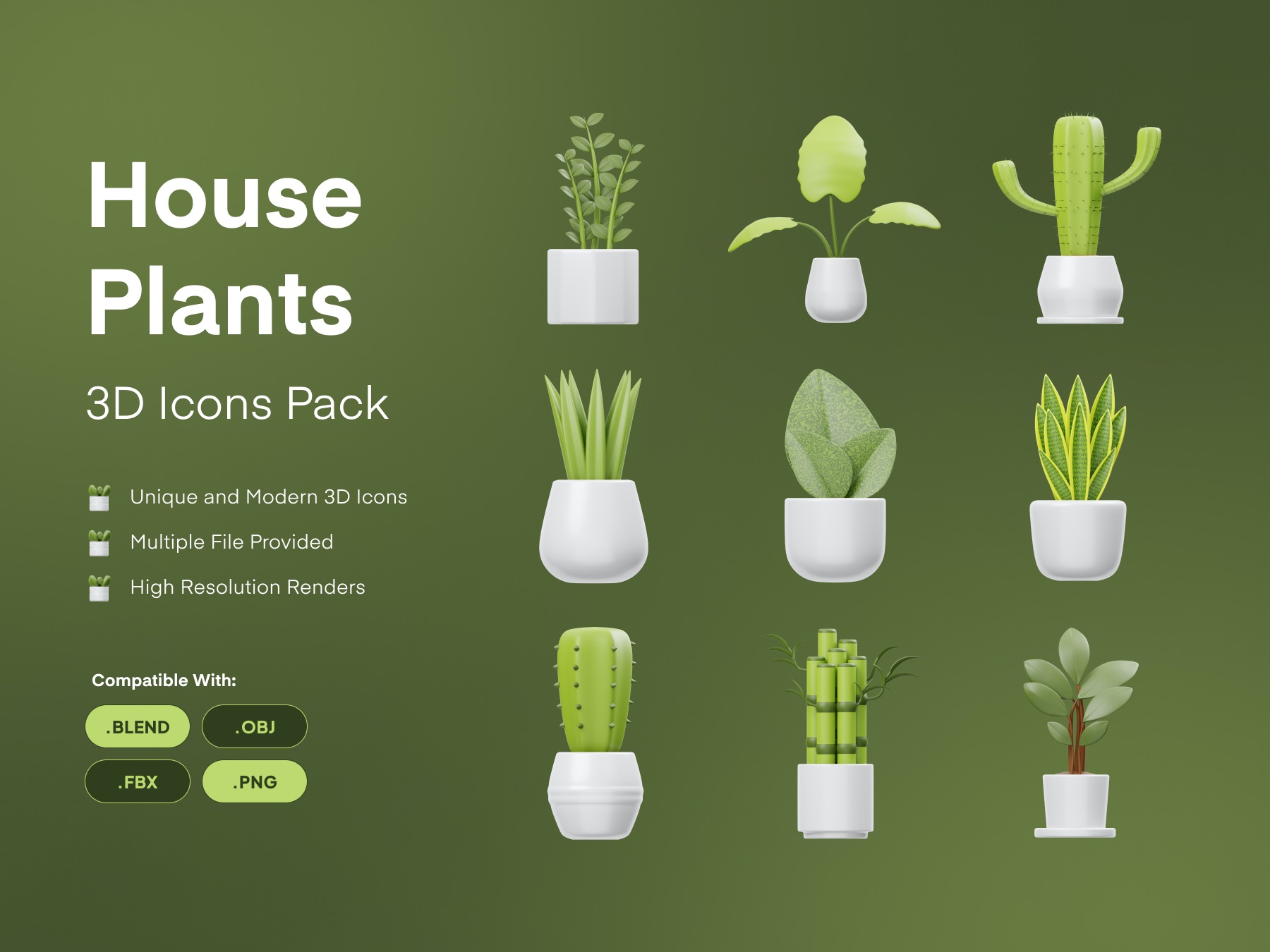 15个多角度绿色植物绿植花卉盆栽3D图标icon .blend .fbx .obj .png素材