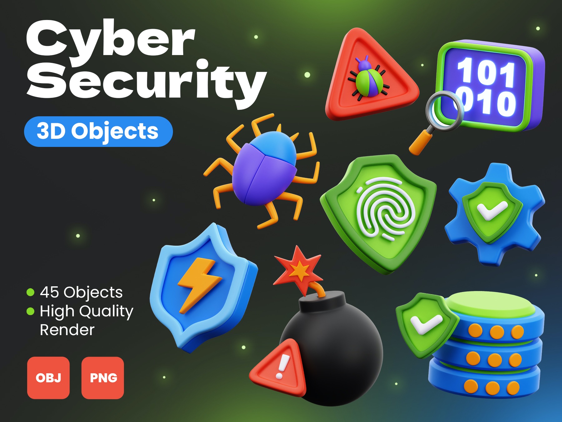 45个高质量网络安全网络密码3D图标icon .glb .obj .png素材