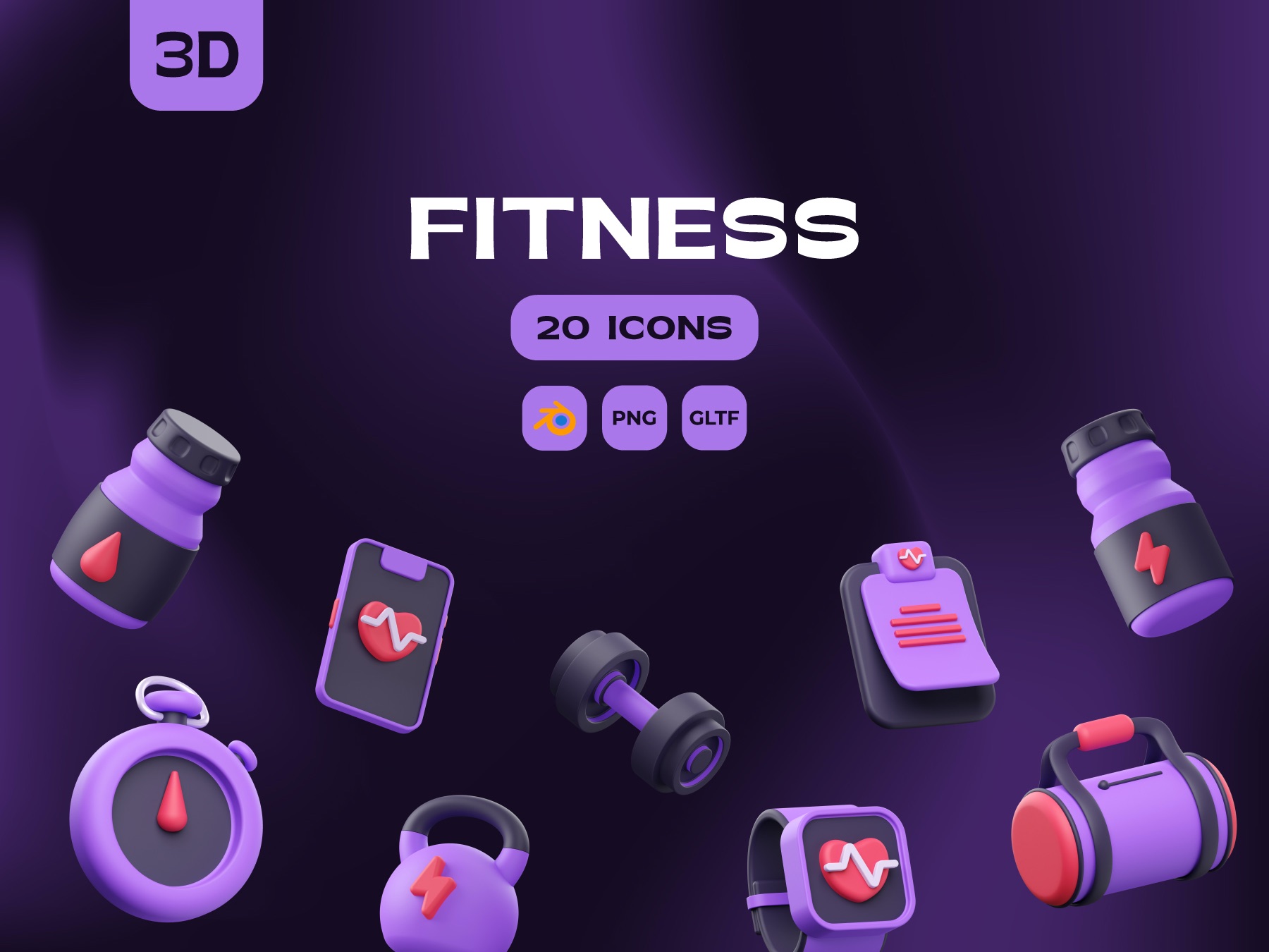 20个高质量健身运动器材3D图标icon .blend .gltf .png素材