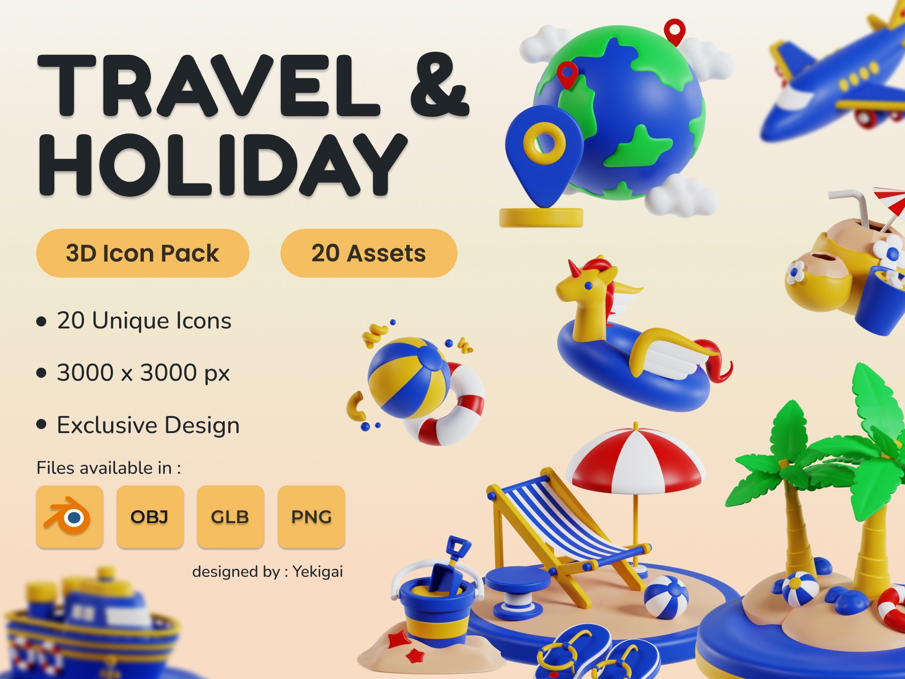 20个旅游旅行度假3D图标icon .blend .fbx .glb .obj .png素材