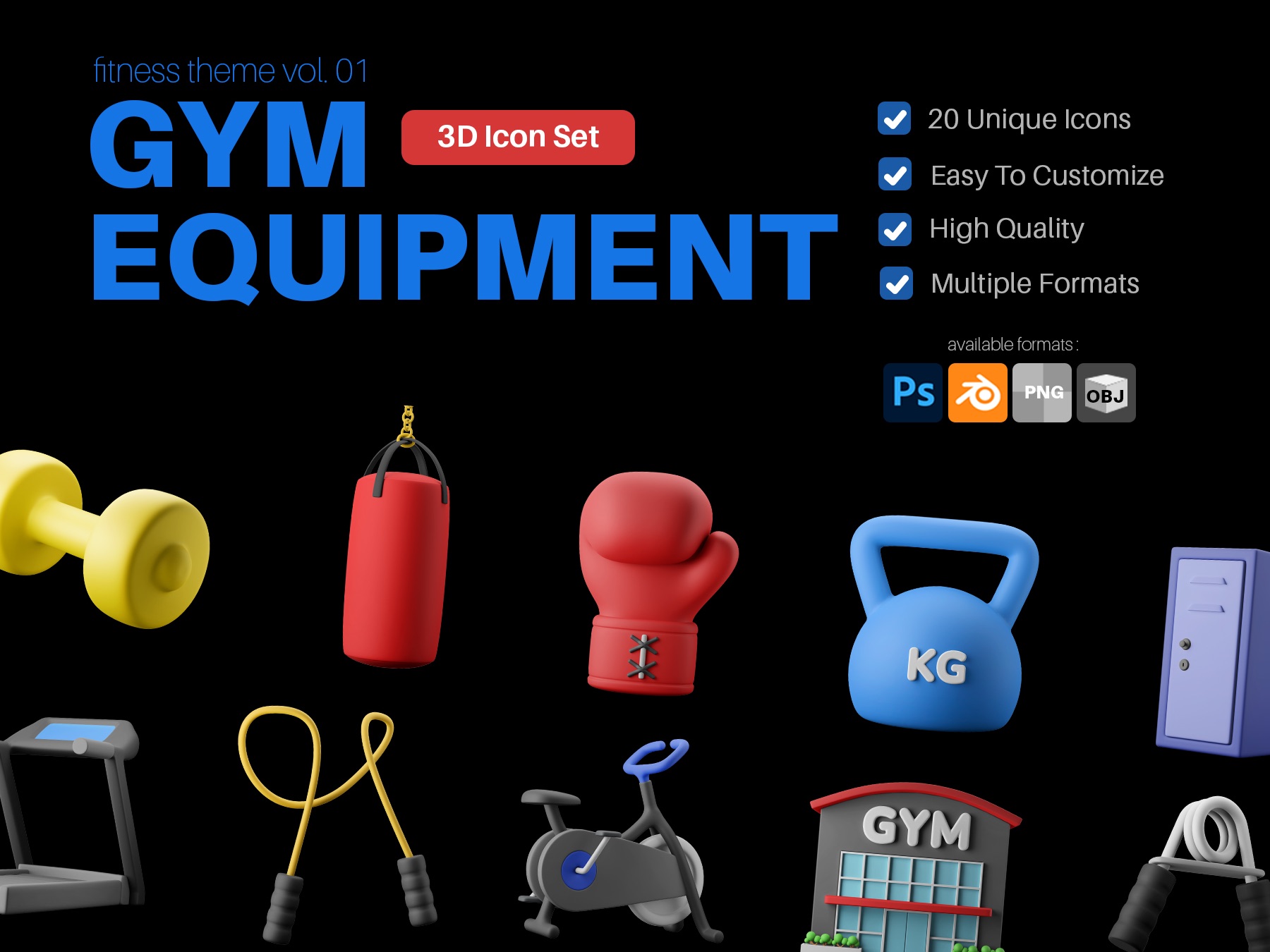 20个高质量健身健身器材3D图标icon .blend .psd .obj .png .jpg素材