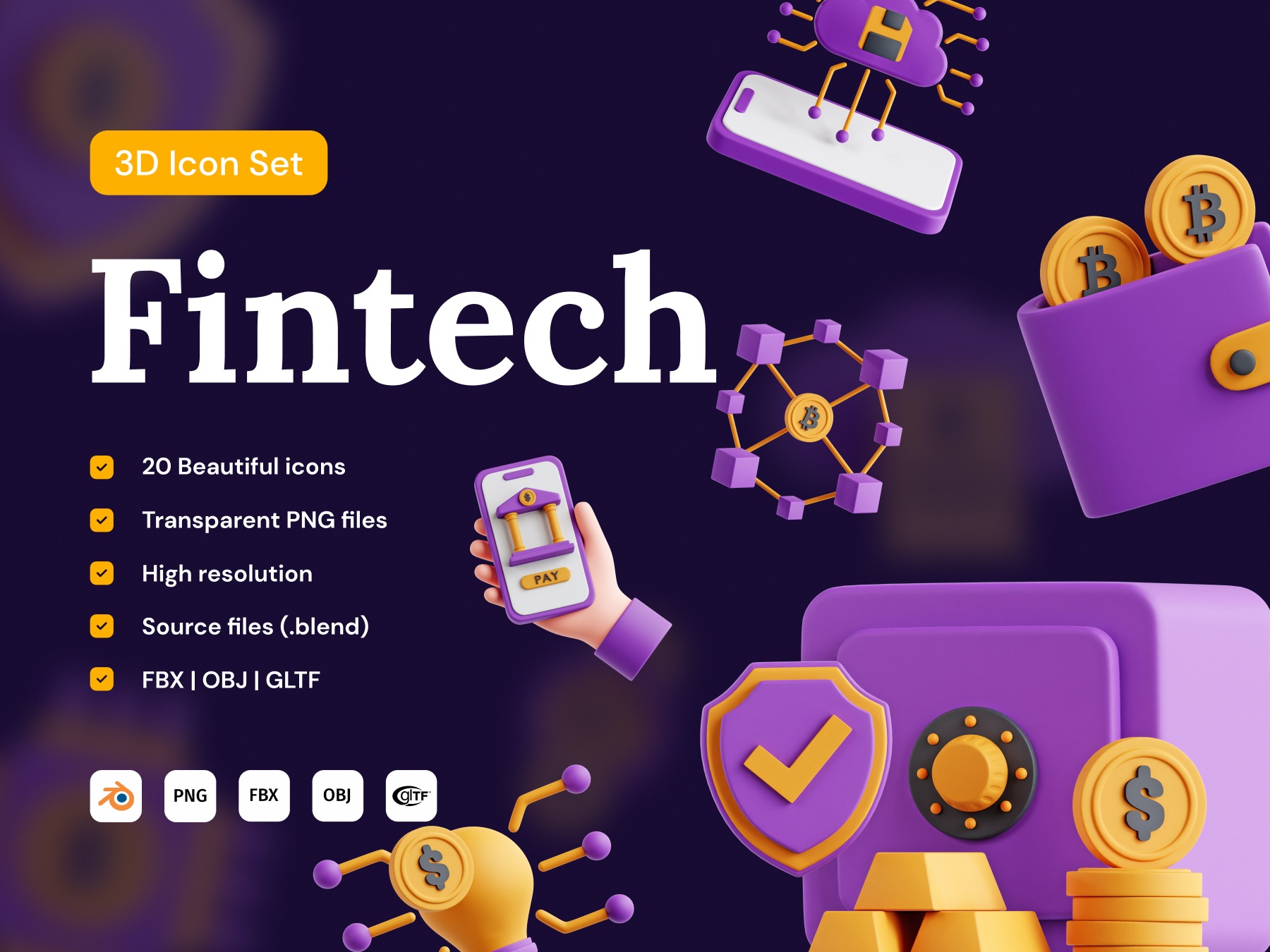 20个高质量财务金融科技3D图标icon .blend .fbx .glb .obj .png素材
